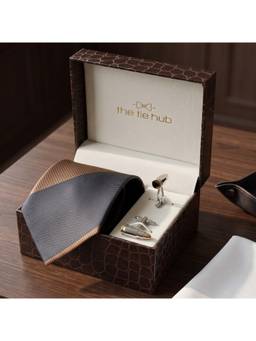 The Tie Hub - Grey Brown Silk Striped Tie & Silver Brass Bullet Cufflinks Combo