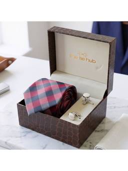 The Tie Hub - Blue Pink Silk Check Tie & White Stone Brass Cufflinks Combo