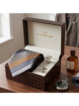 The Tie Hub - Grey Navy Copper Silk Jacquard Stripe Tie & Silver Brass Cufflinks Combo