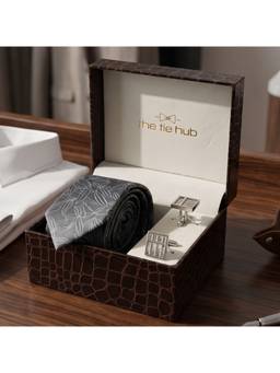 The Tie Hub - Grey Silk Floral Tie & Silver Brass Abacus Cufflinks Combo
