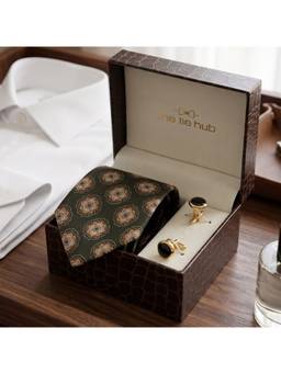 The Tie Hub - Teal Green Bamboo Silk Medallion Jacquard Tie & Black Brass Cufflinks Combo