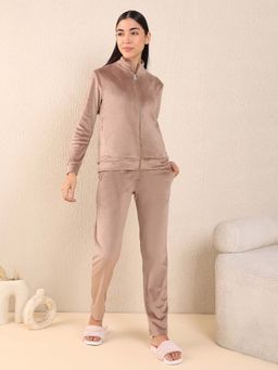 Sweet Dreams - Womens Velour Spandex Front Open Brown Jacket with Trouser