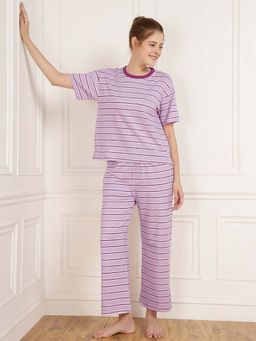 Dear Bed Comfort Clothing - Women Purple Stripe Cotton T-Shirt With Pyjama