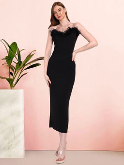 IKI CHIC - Black Tube Feather Trim Midi Dress