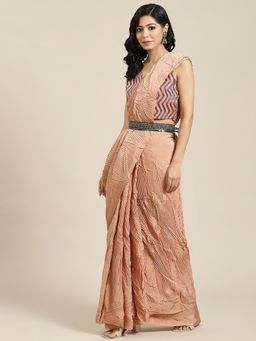 Odette - Women's Pure Crepe Peach Woven Belted Sarees with Unstitched Blouse