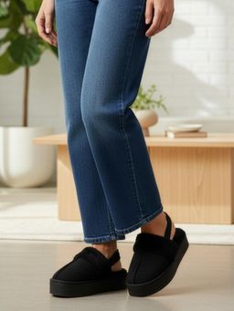 Carlton London - Women Platform Black Room Slippers with Plush Faux Fur