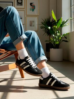 Carlton London - Women Retro Stripe Canvas Lace-Ups Lifestyle Black Sneakers
