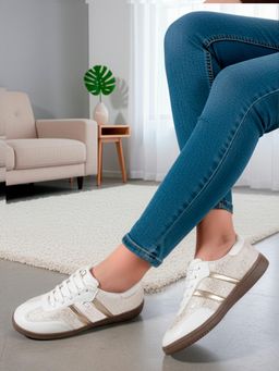 Carlton London - Women Retro Stripe Canvas Lace-Ups Lifestyle Gold Sneakers