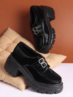 The White Pole - Sleek Black Patent Leather Chunky Monk Straps for Women
