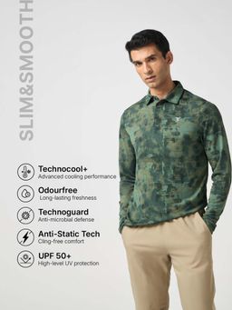 Technosport - Green Men's Abstract Printed Slim Fit Collar Neck Sports T-Shirt