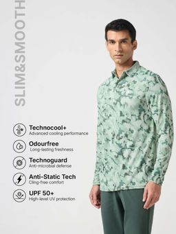 Technosport - Green Men Abstract Printed Slim Fit Henley Neck Sports T-Shirt