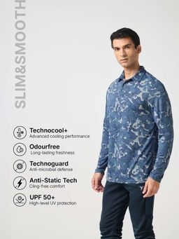 Technosport - Blue Men Abstract Printed Slim Fit Henley Neck Sports T-Shirt