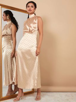 Styli - Beige Sleeveless High Neck Spot Print A-line Maxi Dress