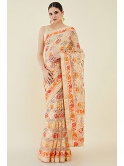 Soch - Women Beige Organza Printed Saree with Unstitched Blouse