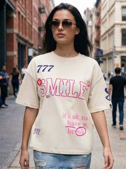 Bewakoof - Women's Beige More Love Print Oversized T-Shirt
