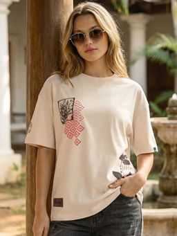 Bewakoof - Women's Beige Be Leaf Printed Oversized T-Shirt