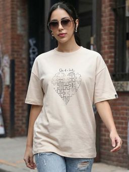 Bewakoof - Women's Beige Kind Printed Oversized T-Shirt