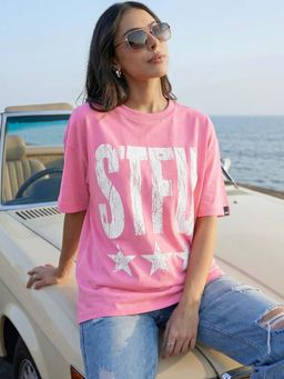 Bewakoof - Women's Pink Stfu Print Oversized T-Shirt
