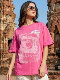Bewakoof - Women's Bubble-gum Pink Nostalgia Printed Oversized T-Shirt