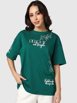 Bewakoof - Women's Aventurine Green Wild Flower Printed Oversized T-Shirt