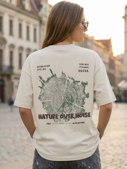 Bewakoof - Women's Beige Nature Over Noise Printed Oversized T-Shirt