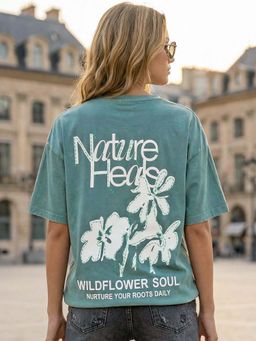Bewakoof - Women's Granite Green Nature Heals Oversized Acid Wash T-Shirt