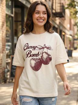 Bewakoof - Women's Beige Cherry Printed Oversized T-Shirt