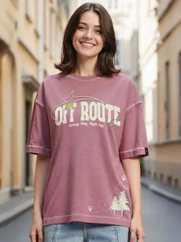 Bewakoof - Women's Mellow Purple Off Route Printed Oversized T-Shirt