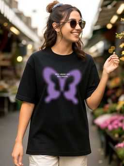 Bewakoof - Women's Black Self Aware Printed Oversized T-Shirt