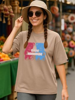 Bewakoof - Women's Warm Brown Bare Minimum Printed Oversized T-Shirt