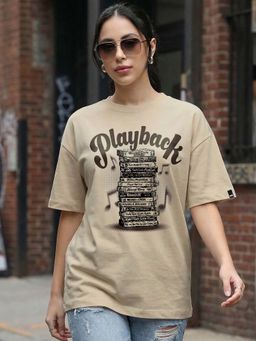 Bewakoof - Women's Warm Brown Playback Time Printed Oversized T-Shirt