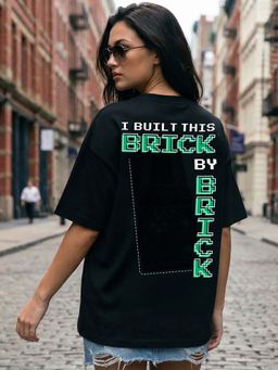 Bewakoof - Women's Jet Black Brick Printed Oversized T-Shirt