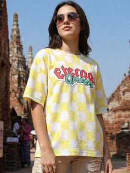 Bewakoof - Women's Yellow All Over Printed Applique Oversized T-Shirt