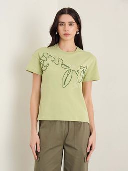 ELLE - Women's Green Printed Round Neck T-Shirt