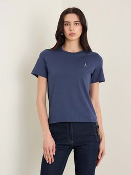 ELLE - Women's Navy Blue Round Neck T-Shirt