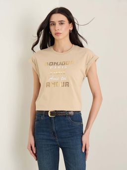 ELLE - Women's Beige Printed Round Neck T-Shirt