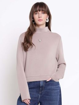 Guess - Women Olympe Silk Taupe Solid High Neck Sweatshirt