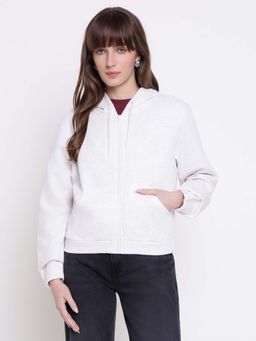 Guess - Women Roberta Cotton Fleece Cream Melange Solid Hoodie