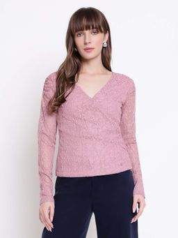 Guess - Women Pink Ravenna Cord Knit Lace V-Neck Regular Fit Top