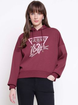 Guess - Women Icon Maroon Rose Embellished Hoodie