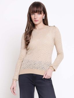 Guess - Women Chelsea Logo Foamy Taupe Jacquard Round Neck Regular Fit Sweater