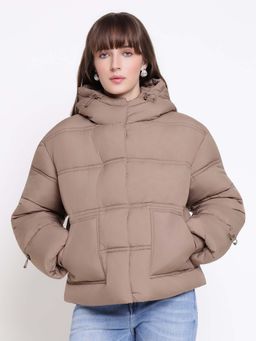 Guess - Women Daisy Peony Taupe Multi Embossed Hooded Neck Jacket