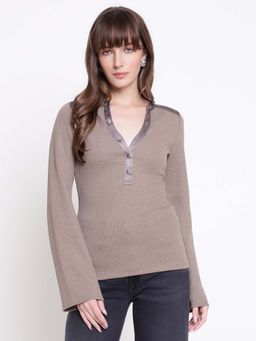 Guess - Women Lurex Flat Rib Knit Silk Taupe Ribbed Regular Fit Top