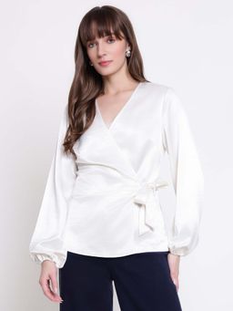 Guess - Women Ava Satin White Solid V-Neck Regular Fit Wrap Top