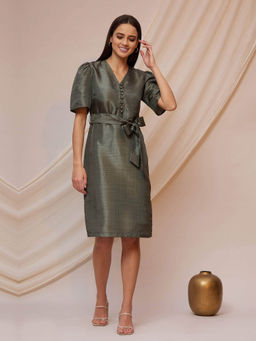 SALT Attire - Aadya Olive Raw Silk Festive Fit & A-Line Dress (Set of 2)