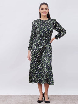 SALT Attire - Glory Green Printed Satin Ruched Detail Dress