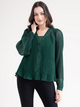FableStreet - Bottle Green Georgette V Neck Pleated Top With Inner (Set of 2)