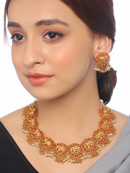 VIRAASI - Red Stone Studded Elephant Design Gold Plated Necklace and Earrings (Set of 2)