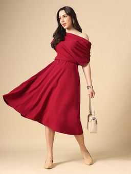 Globus - Women Maroon Ruched Sleeve Midi Dress