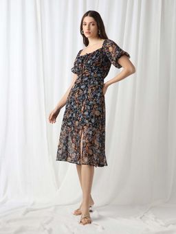 Globus - Women Navy Blue Square Neck Fit and Flare Midi Dress